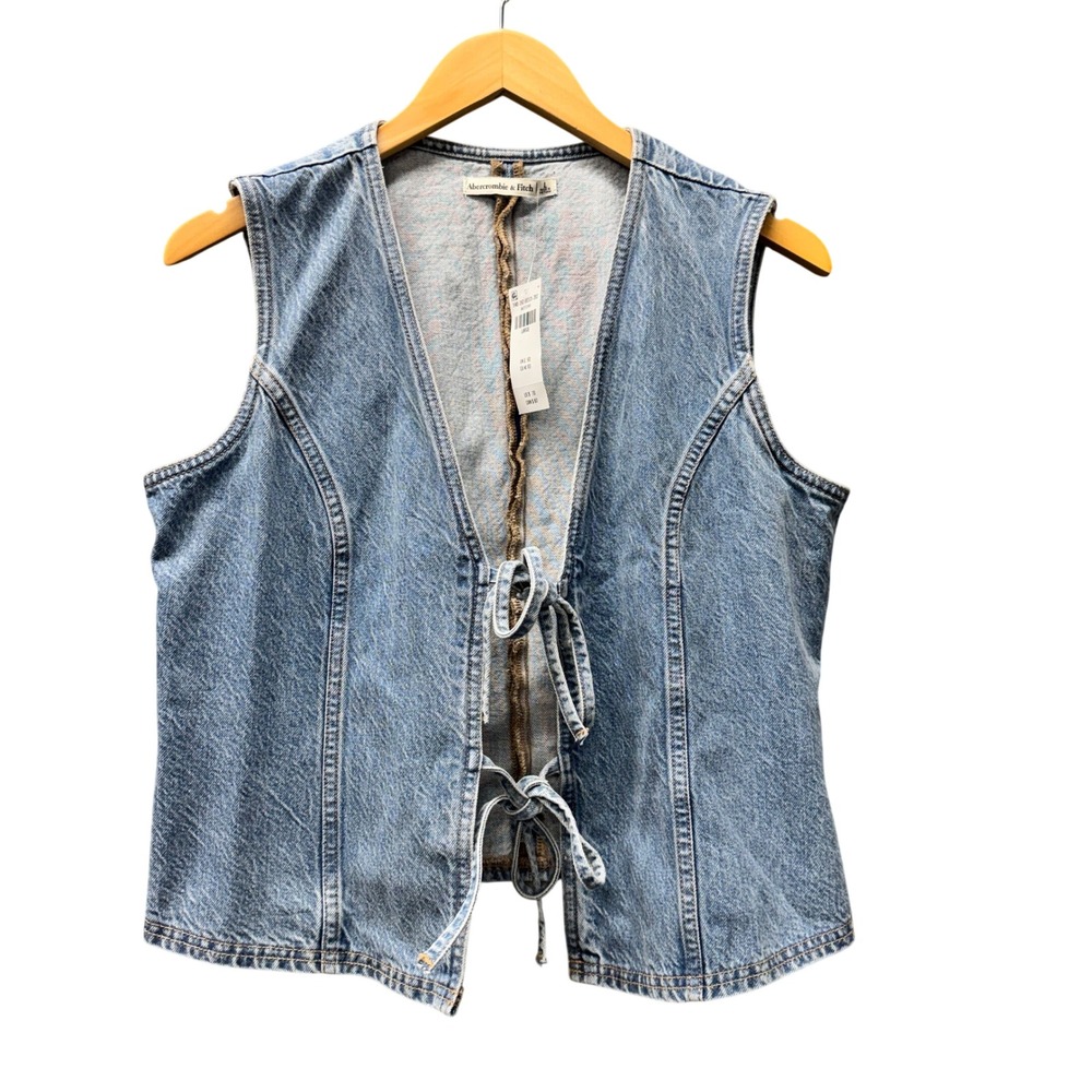 Abercrombie & Fitch Denim Vest Womens L Tie Front Blue Jean Classic NEW